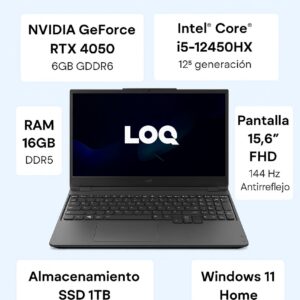 Notebook Lenovo LOQ 15IAX9E 15.6" FHD IPS, Core i5-12450HX hasta 4.4GHz 16GB DDR5-4800MHz